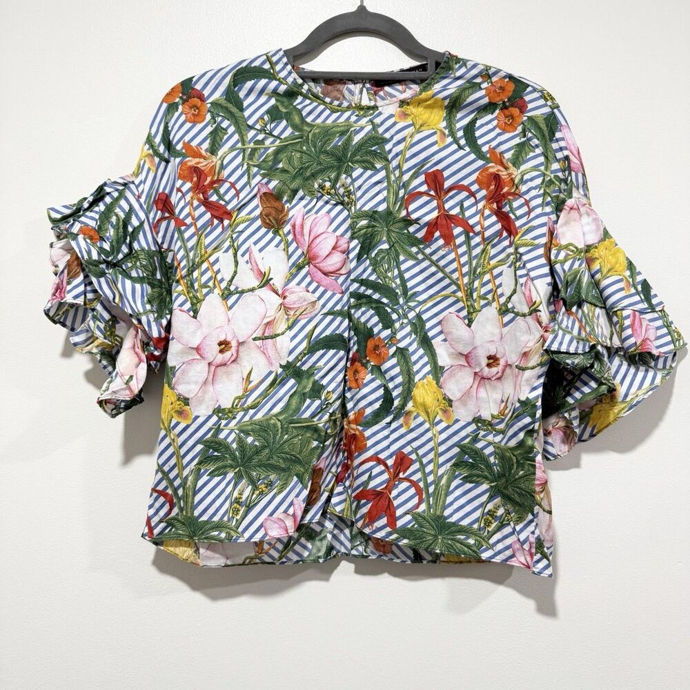 Zara Trumpet Sleeve Top Floral Botanical Ruffle Blue White Women Blouse